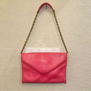 J. Crew Hot Pink Leather Invitation Clutch Envelope Style Shoulder Chain Purse